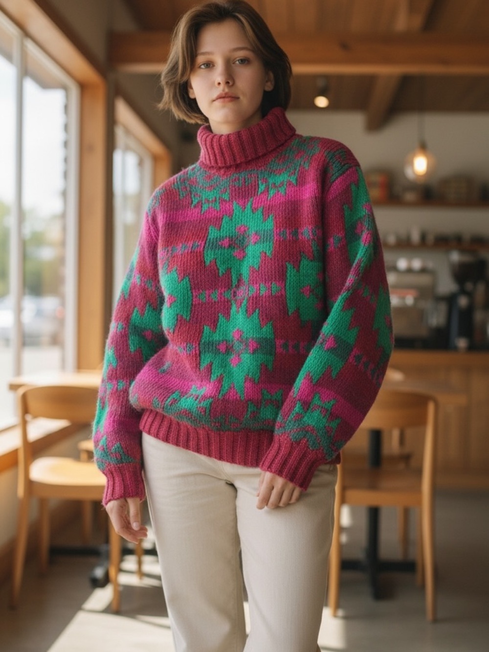 Vintage Marsh Landing 100% Wool Patterned Turtleneck Sweater Pink Red & Green
